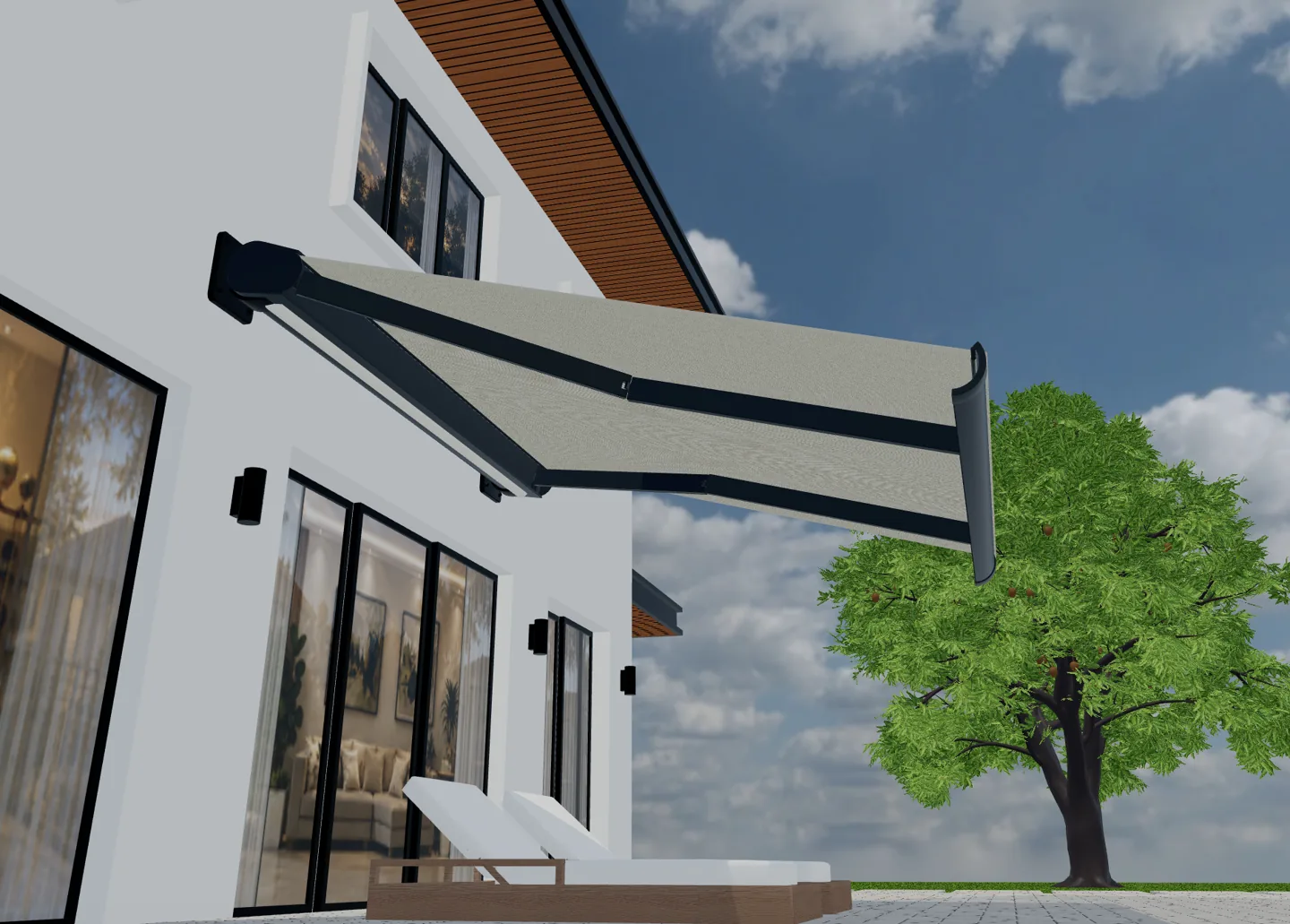 Vista 3D de pérgola configurable para explicar España: software de configuración 3D a medida e implantación.