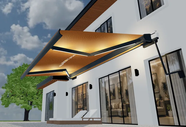 Vista 3D de pérgola configurable para explicar Portugal: software de configuración 3D a medida e implantación.
