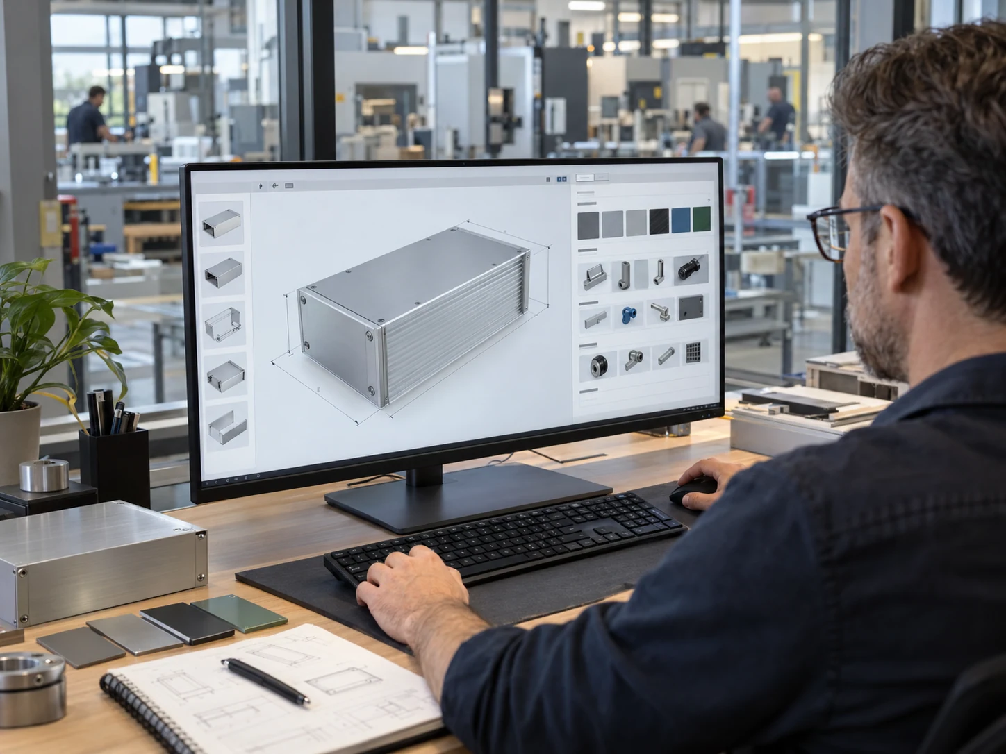 Un ingeniero de producto configura en 3D una envolvente industrial de aluminio junto a una moderna fábrica alemana.