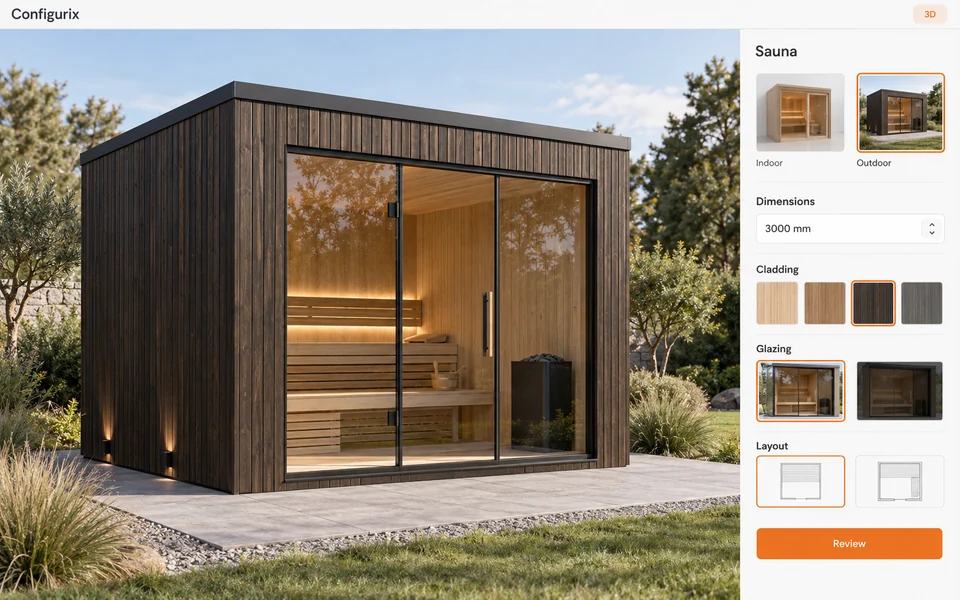 Vista 3D de sauna configurable para explicar Países nórdicos: configuradores de saunas y productos modulares, software a medida e implantación.