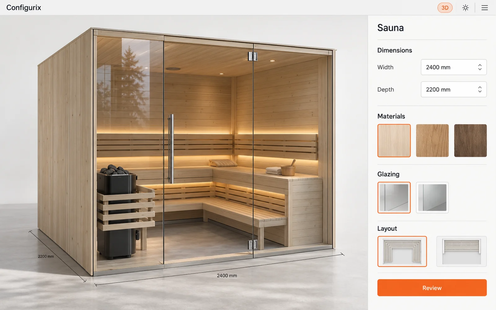 Ilustración de un configurador de saunas con cabina de madera, frente de vidrio, bancos y selección de materiales