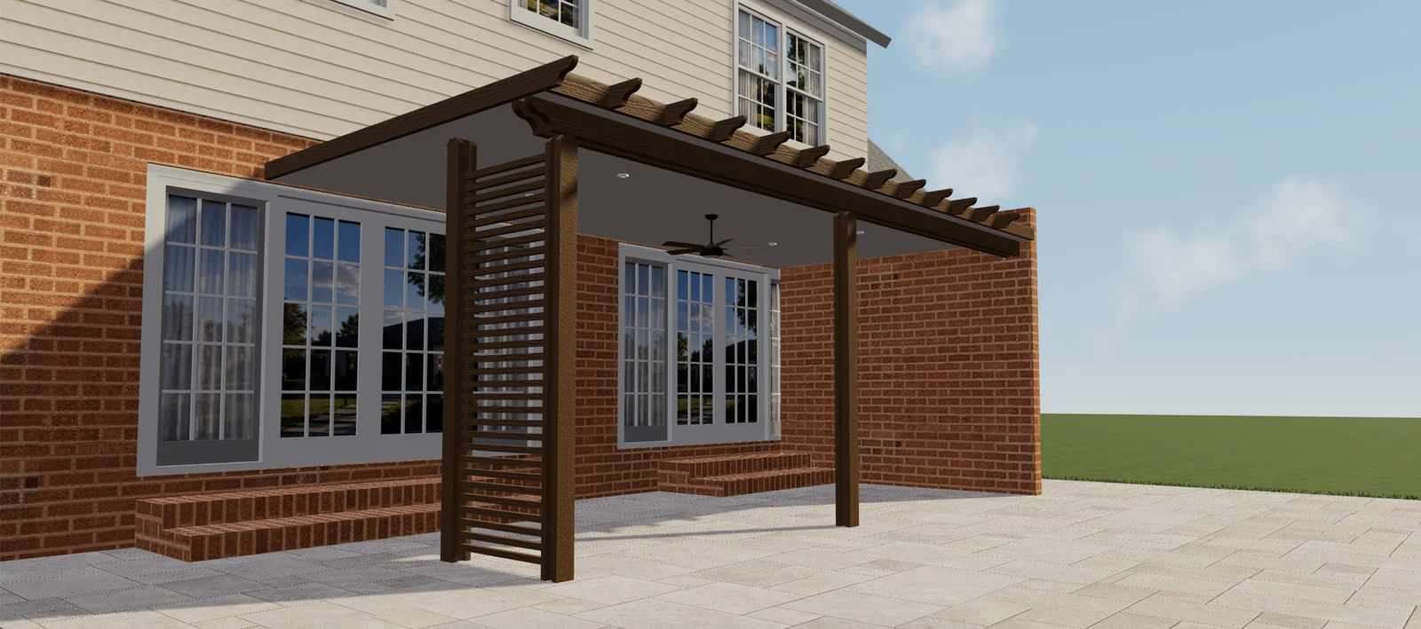 Vista 3D de una pérgola marrón cubierta con panel lateral de lamas, ventilador e iluminación empotrada.