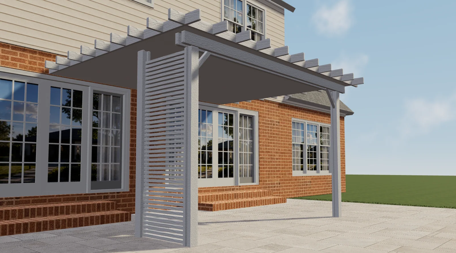 Vista 3D del configurador Elite Aluminum: pérgola blanca con cubierta sólida, extremos decorativos de vigas, soportes diagonales y panel lateral de lamas junto a una casa de ladrillo.