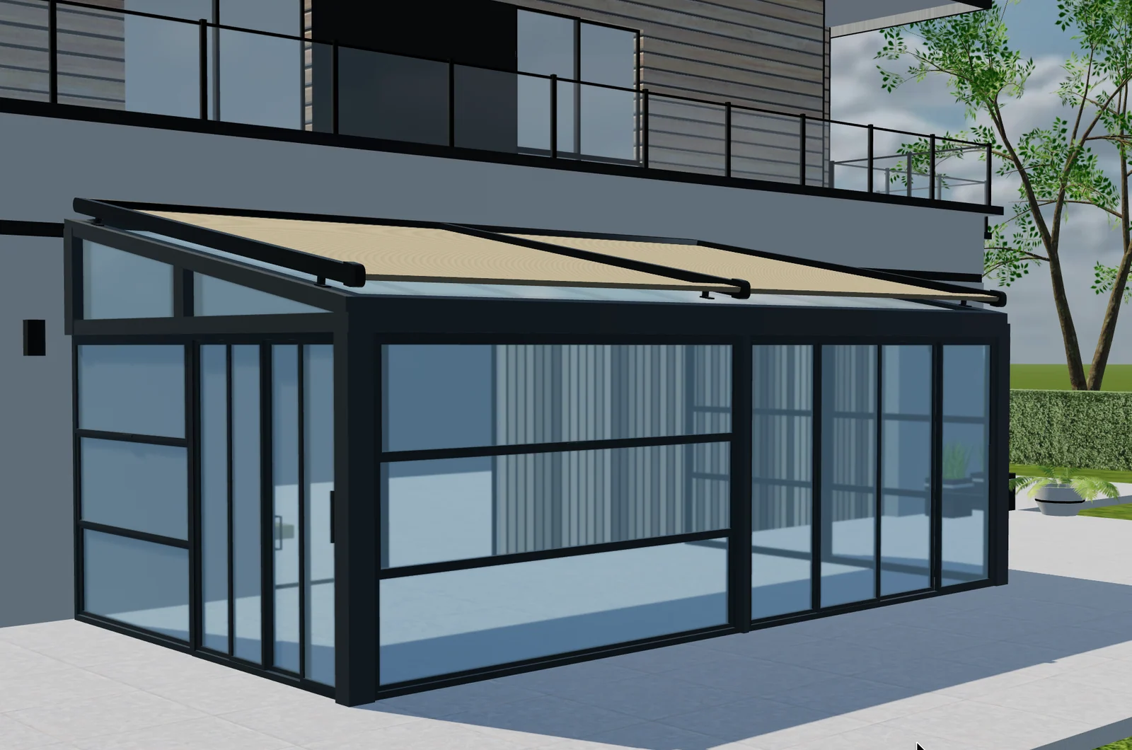 Vista 3D de una estancia de jardín acristalada con estructura oscura y cubierta crema junto a una casa.