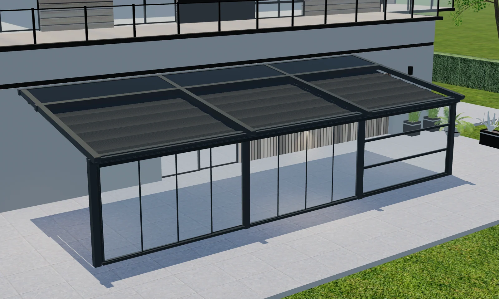 Vista 3D elevada de una pérgola con estructura oscura, paneles de cubierta y frente acristalado.