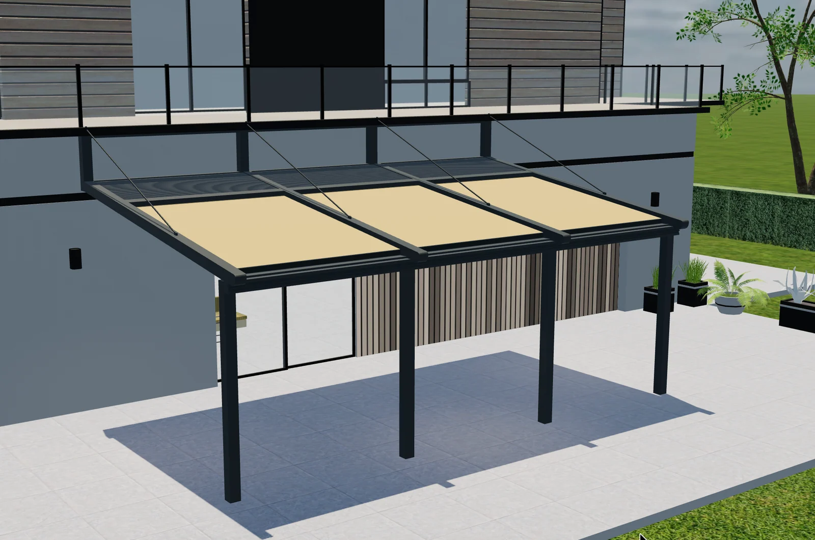 Vista 3D elevada de una pérgola adosada con cubierta de tejido crema, estructura oscura y postes delanteros.