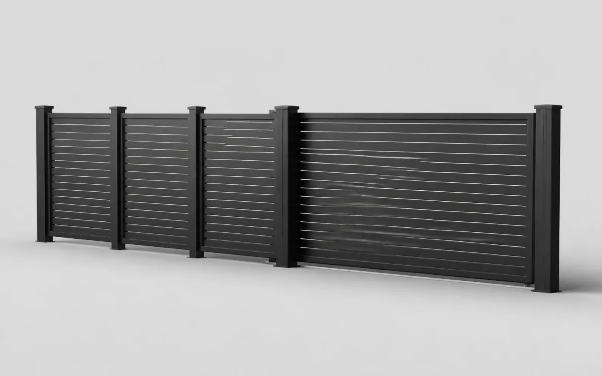 Render de paneles horizontales antracita y puerta corredera a juego