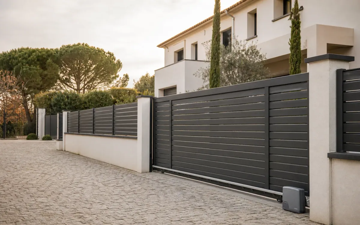 Visualización arquitectónica de puerta corredera antracita y valla a juego junto a una vivienda