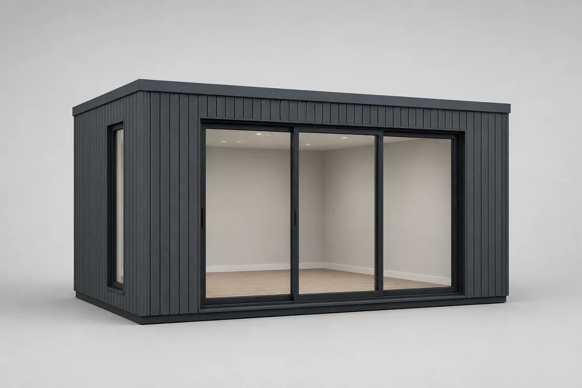Sala de jardín antracita con puertas correderas de cristal y revestimiento vertical, vista frontal